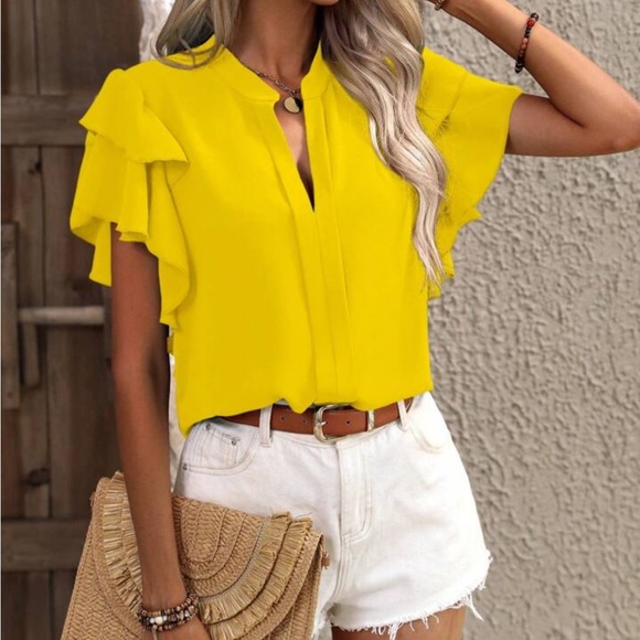 Elegant Classic Ruffle Butterfly Flutter Sleeve Top Blouse Shirt Yellow - Picture 3 of 16